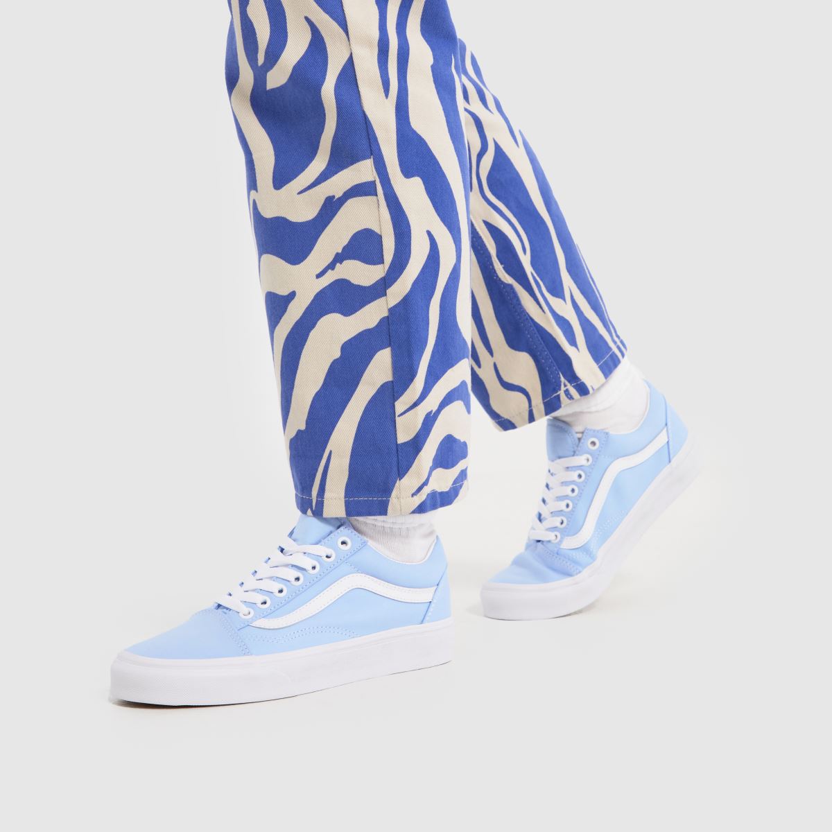 Vans Old Skool in Baby Blue with Blue Print Trousers