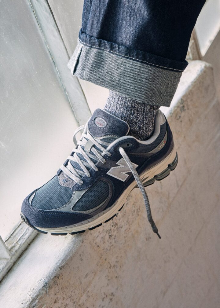 New Balance 2002R in blue paired with white & blue socks and cuffed dark blue jeans.