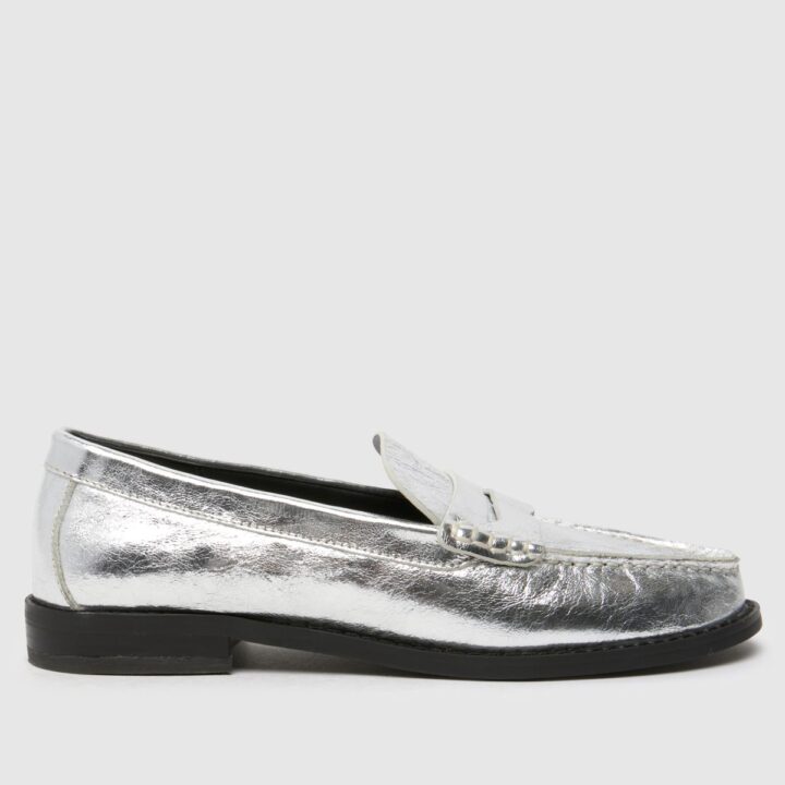 lillian leather penny loafer flat shoes in silver
