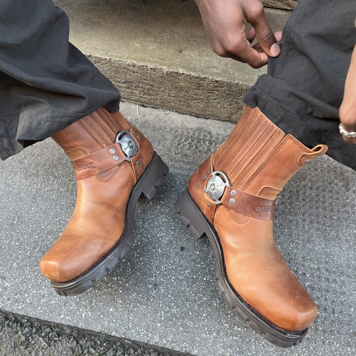 Person wearing New Rock Biker Ankle Boots Brown