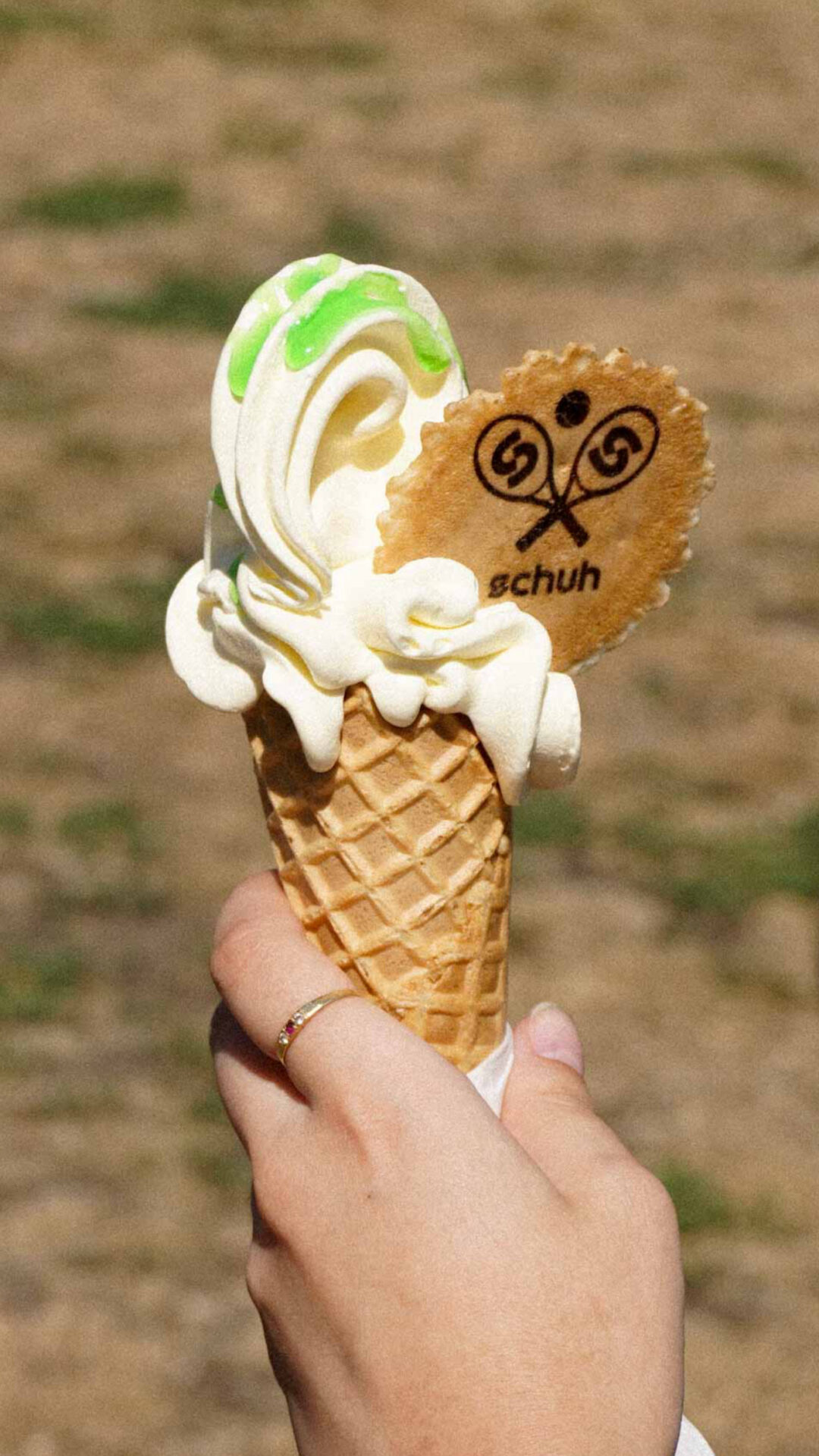 Ice cream cone with schuh branded wafer.