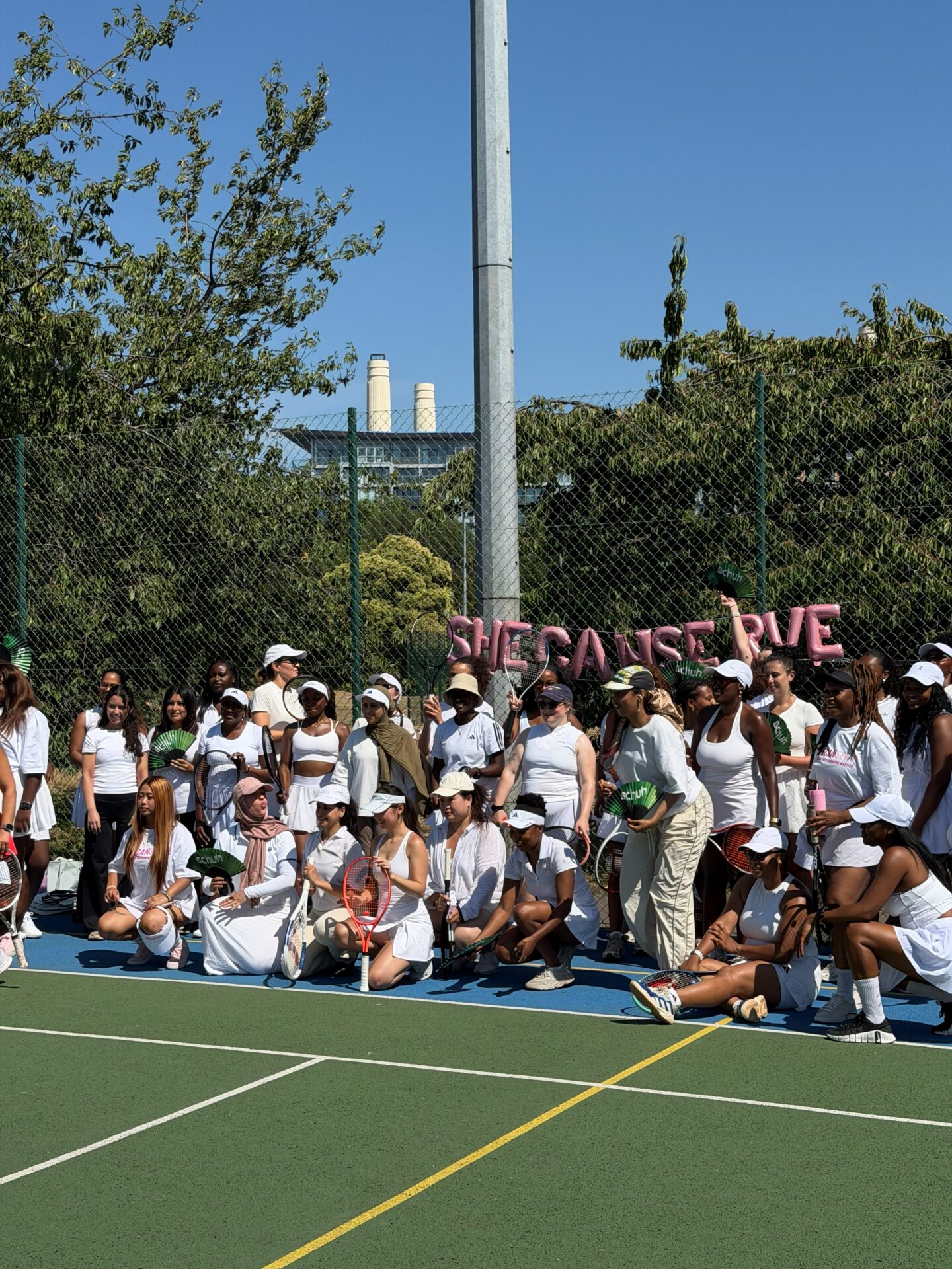 The SheCanServe community at Battersea Park Tennis Courts for the SheCanServe x schuh event.